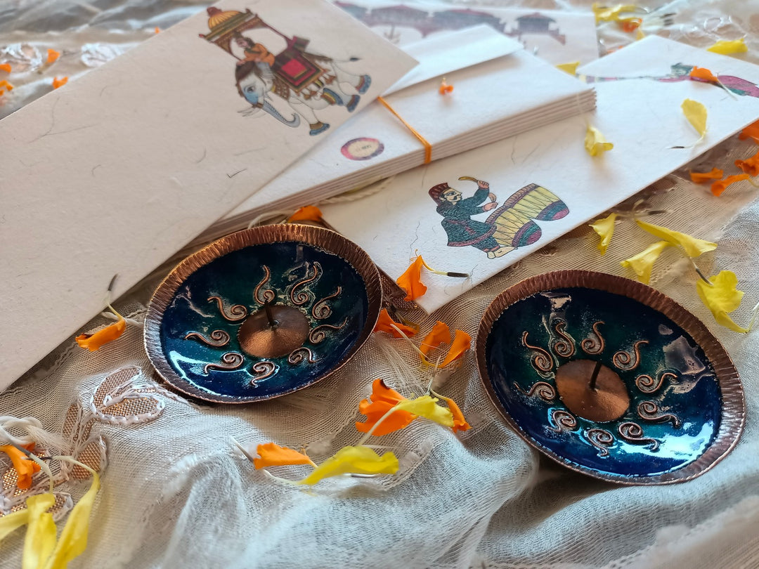 Handcrafted chitrakathi envelope and copper enamel diya set