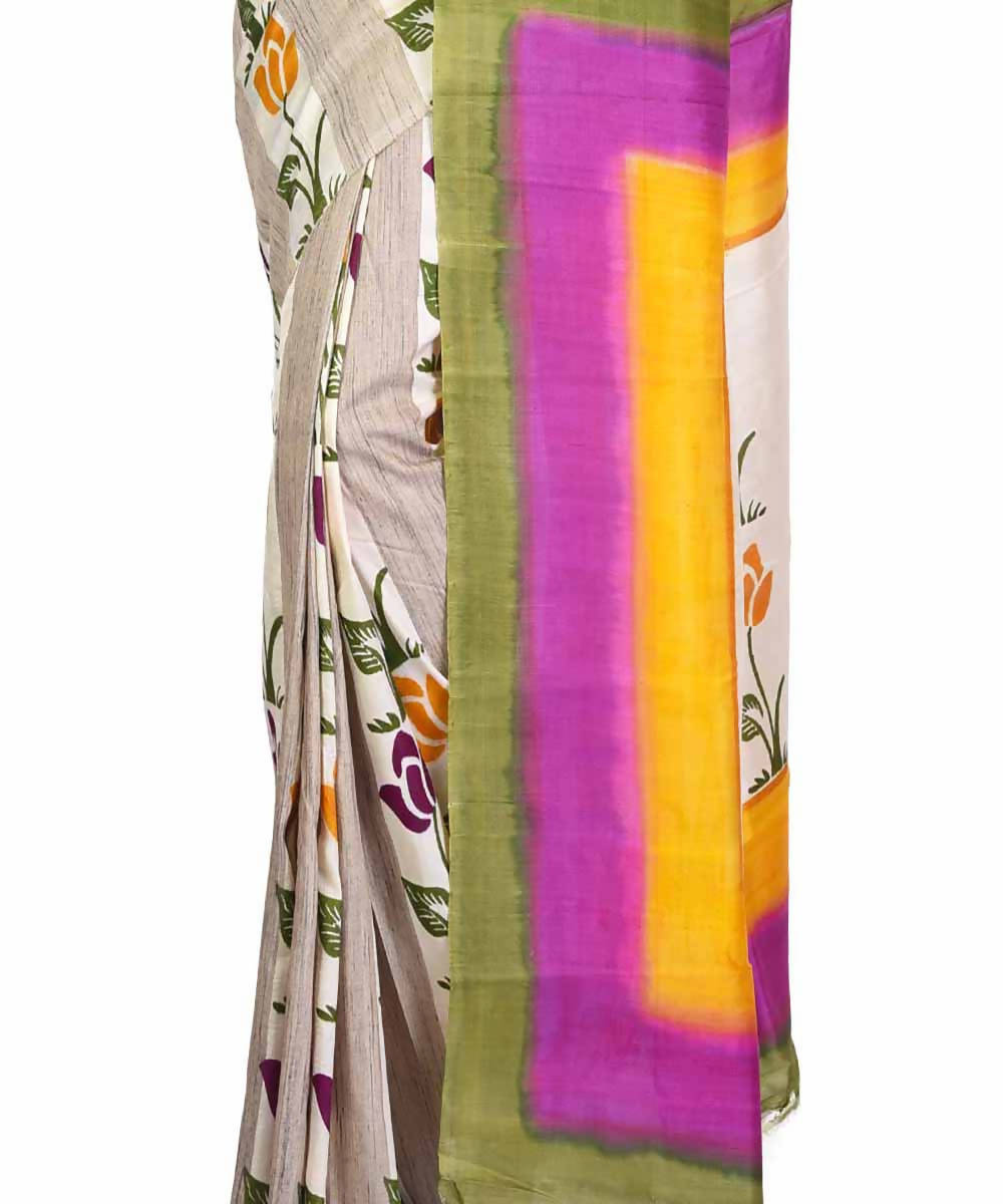 Floral handloom silk with tussar ketia stripe saree