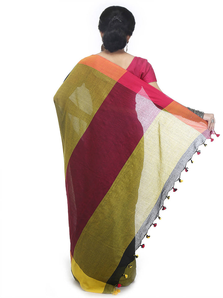 Black yellow bengal handloom pure cotton saree