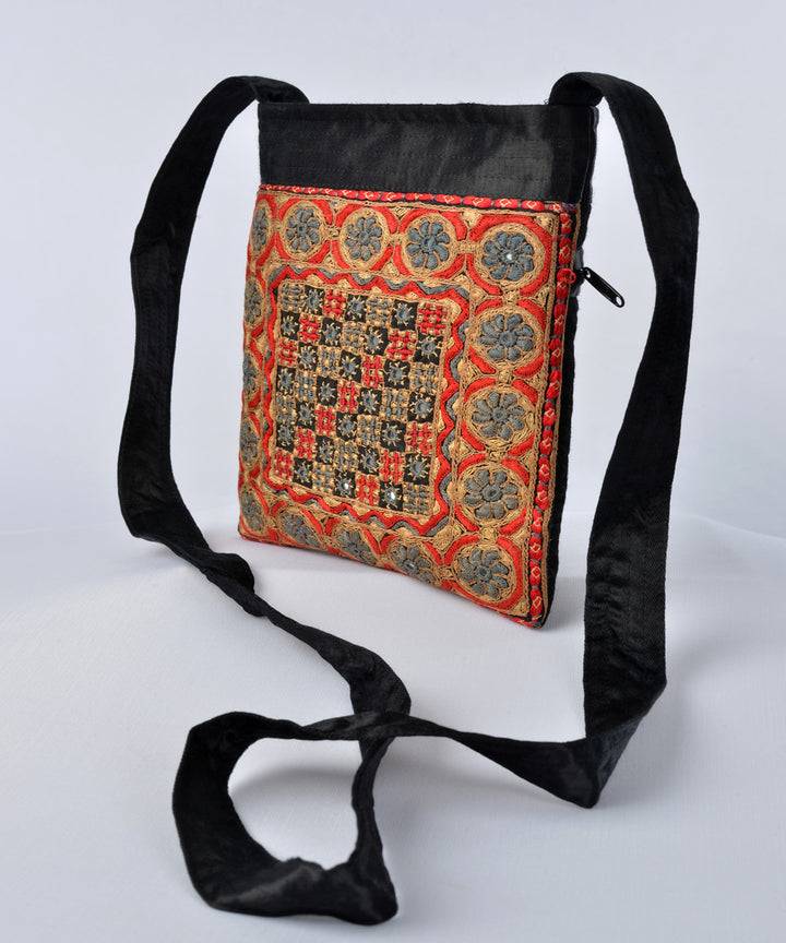 Black multicolour hand embroidery mashroo cross body bag