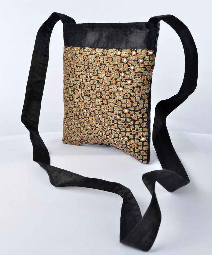 Black multi color hand embroidered mashroo cross body bag