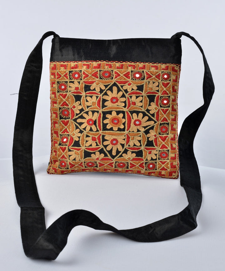 Black multi colour hand embroidered mashroo cross body bag