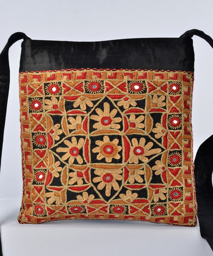Black multi colour hand embroidered mashroo cross body bag