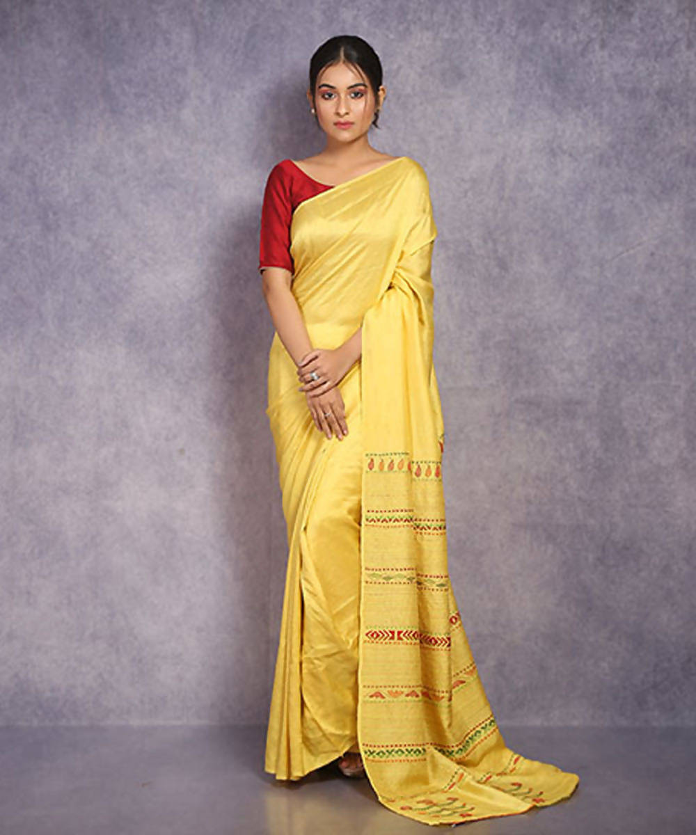 Lemon yellow hand embroidery kantha stitch silk saree