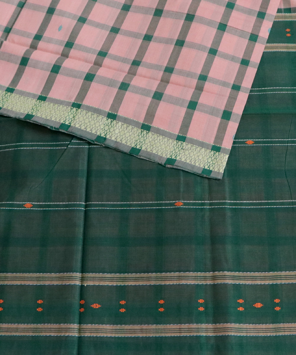 Light pink green checks handwoven cotton rajahmundry saree