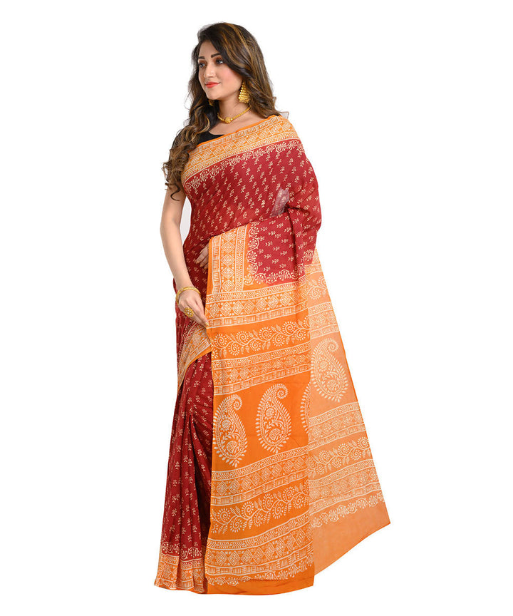 Brown orange hand block print cotton bengal saree