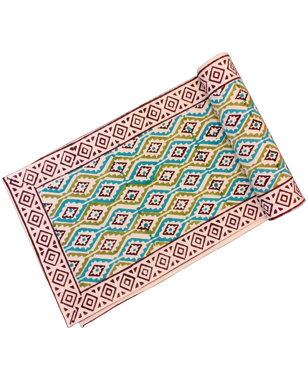 Multicolour hand block printed cotton table runner with 6 table mats and napkins