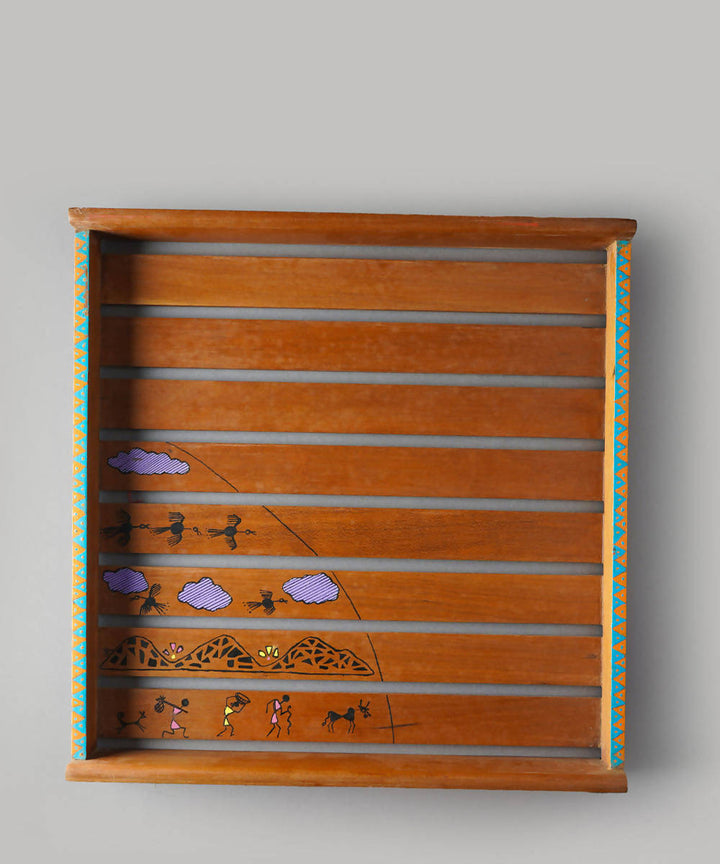 Brown handpainted warli art wooden tray