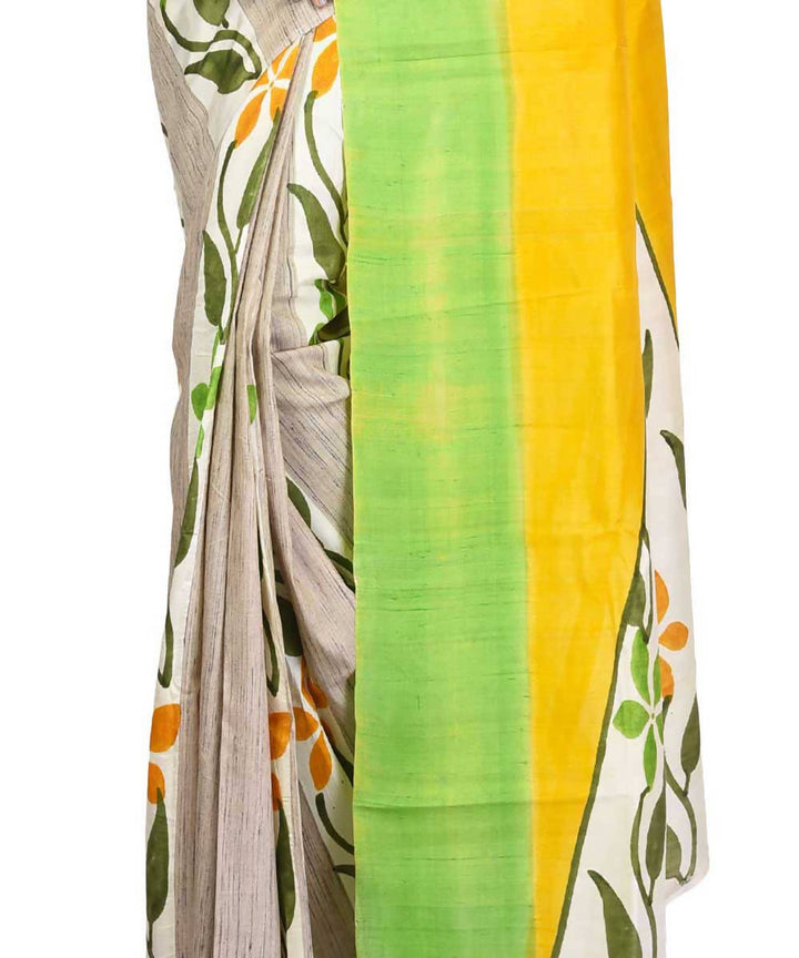 Beige green hand painted handwoven silk with tussar ketia stripe saree