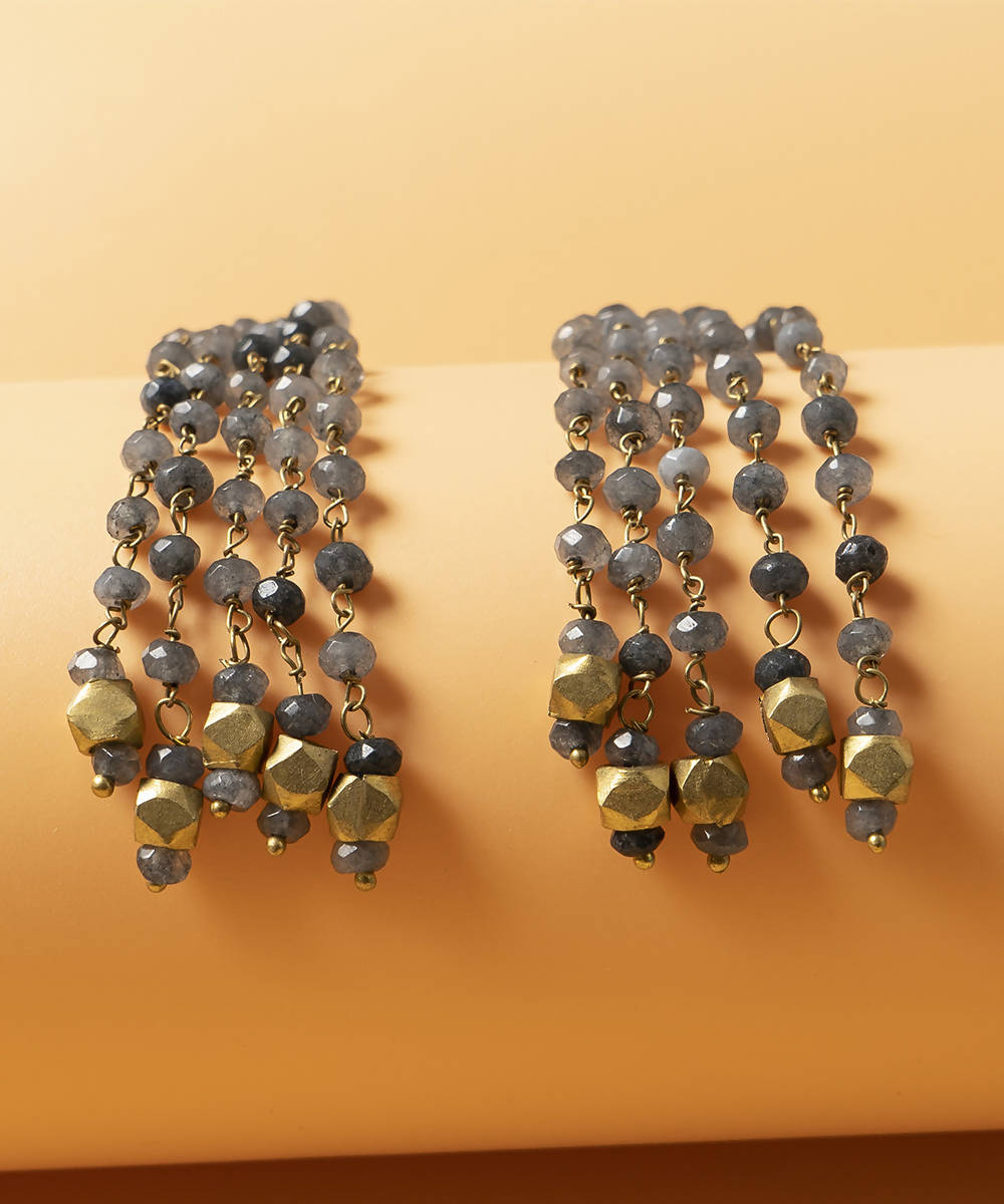 Grey handcrafted genuine semi precious gemstone dhokra brass earring