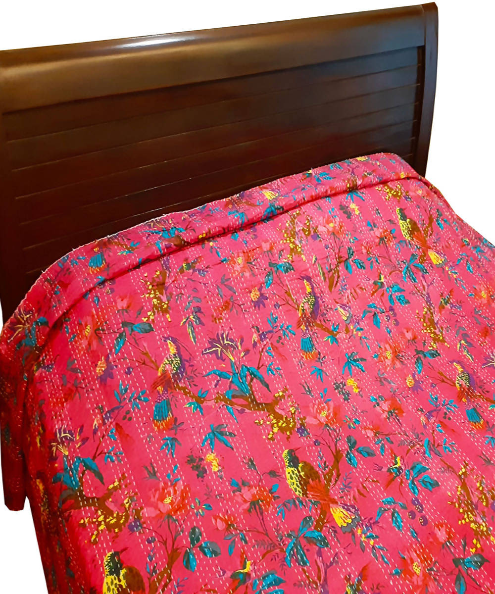 Pink kantha work double layered cotton bedcover (Single Bed)
