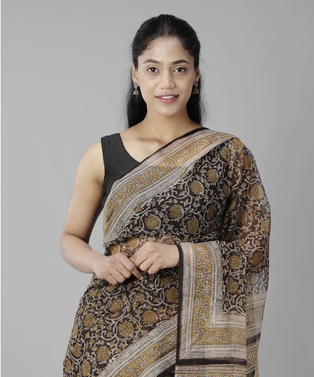 Black brown bagru handblock printed cotton saree