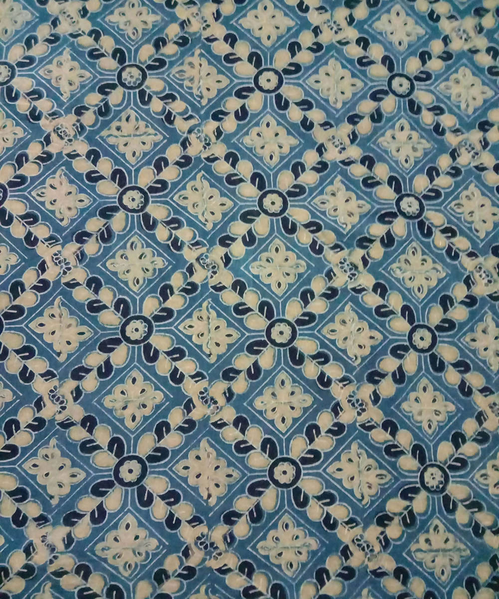 Blue white natural dye ajrakh print handspun handloom cotton fabric (2.5m per qty)