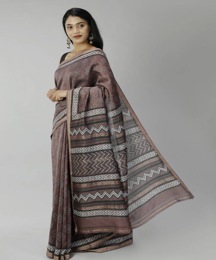 Antique brown bagru handblock printed cotton silk saree