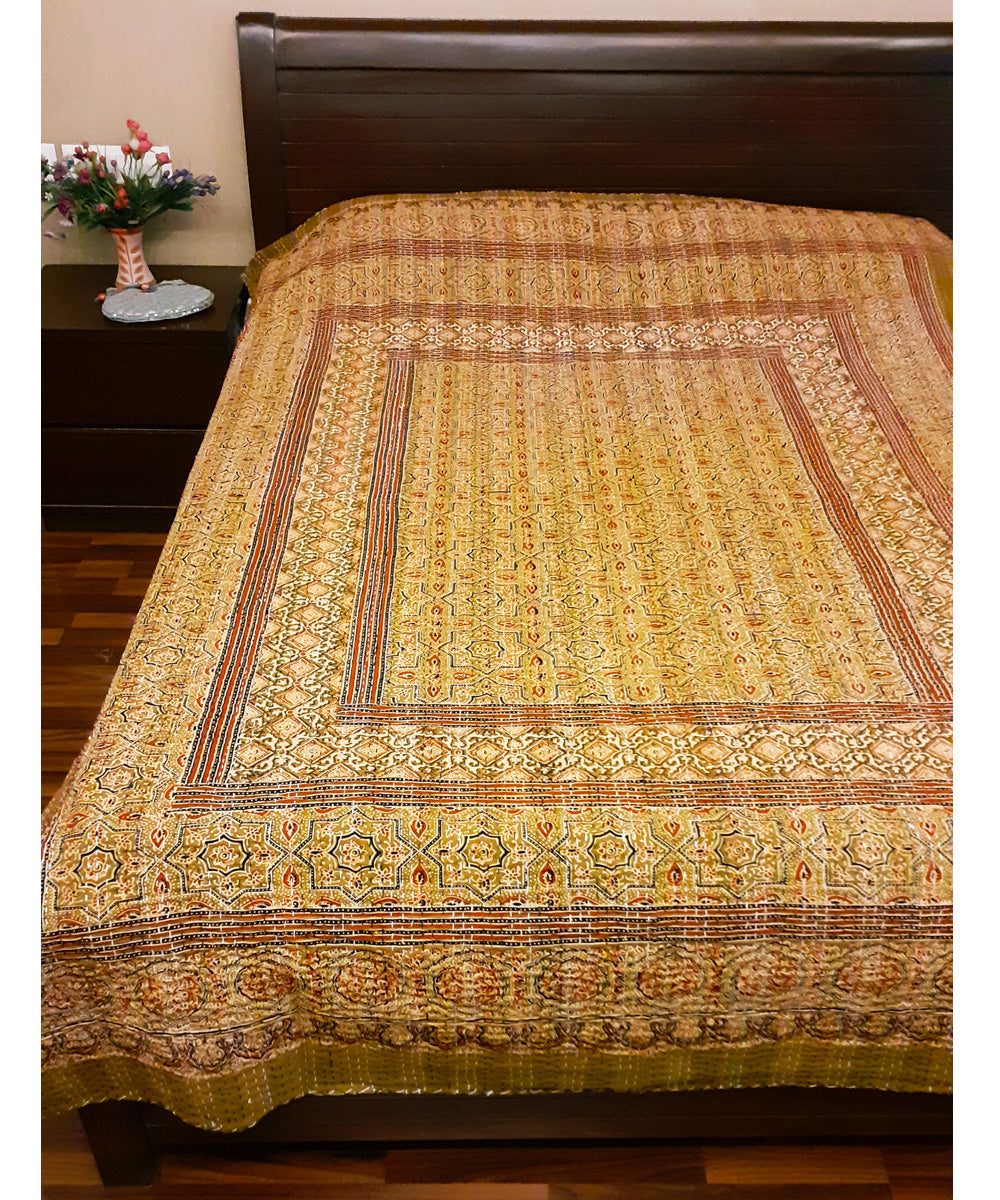 Ajrakh print kantha work double layer cotton bedcover (Single Bed)