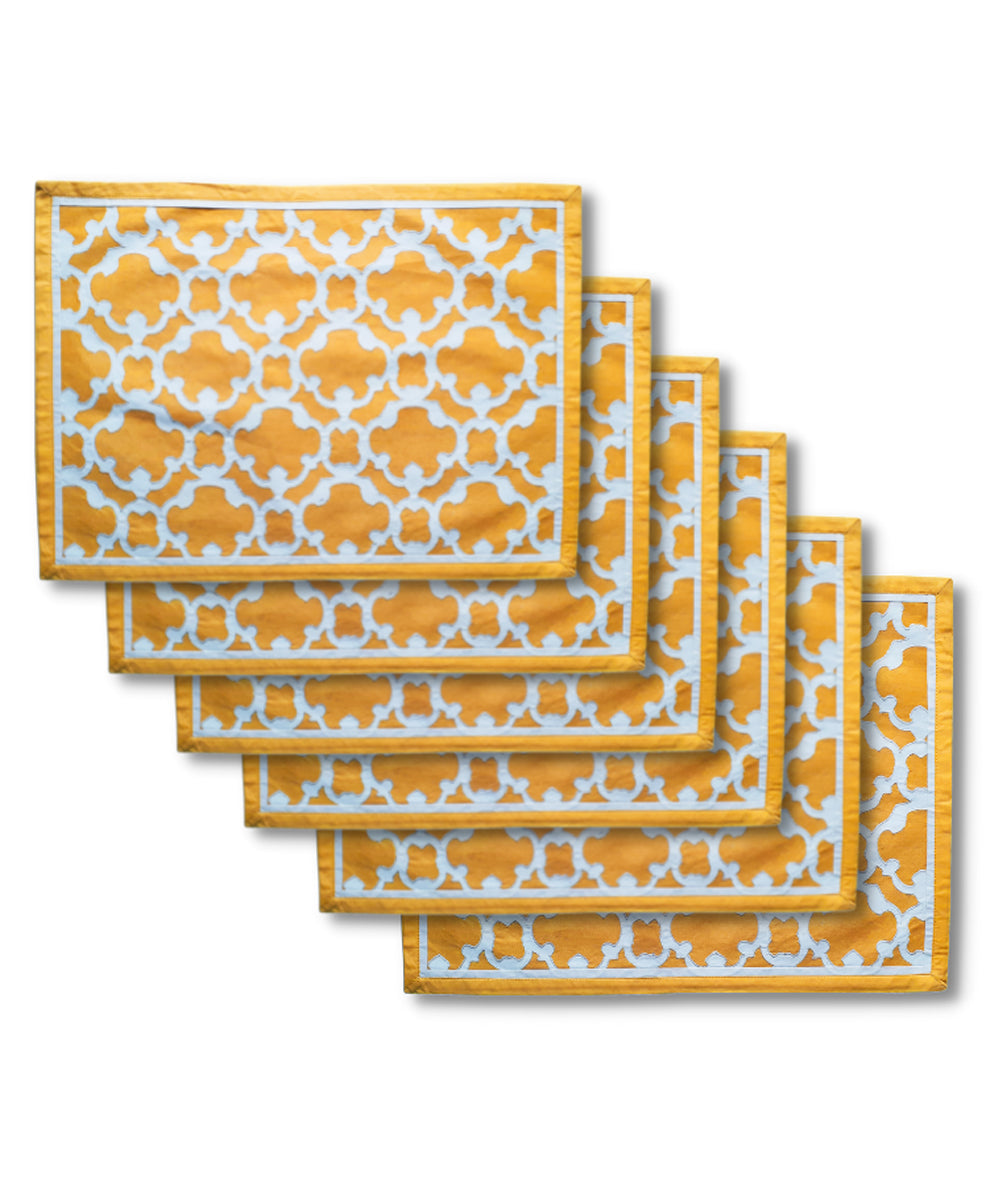 Yellow cutwork cotton table mat set of 6