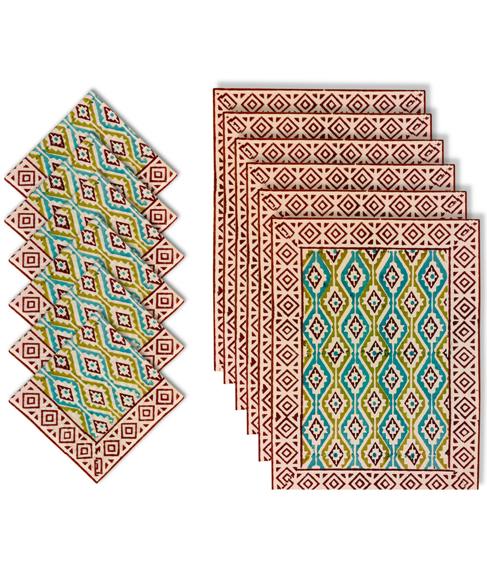 Multicolored hand block printed table mats with napkins