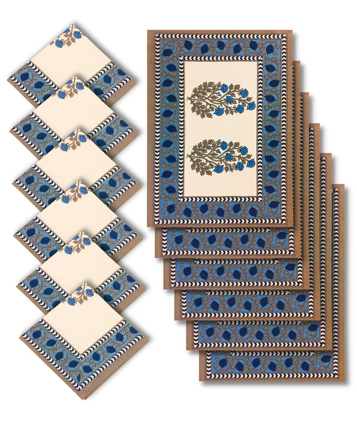Blue hand block printed cotton table mat with napkin