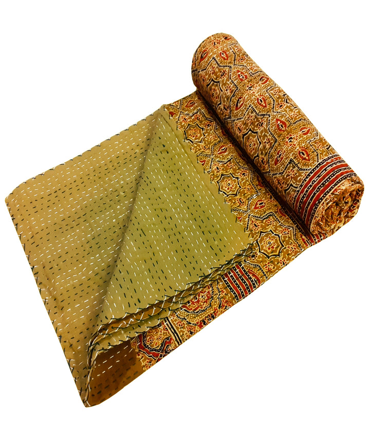 Ajrakh print kantha work double layer cotton bedcover (Single Bed)