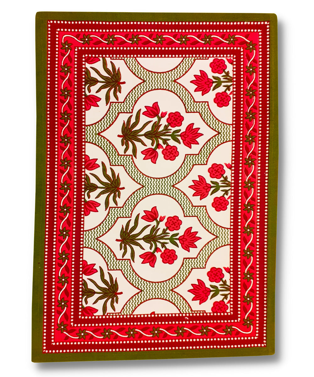 Red hand block printed cotton table mat with napkin (Set of 6)