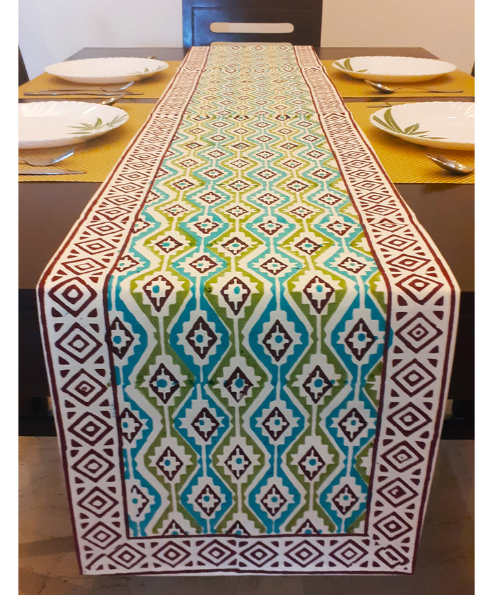 Multicolored hand block printed cotton table runner