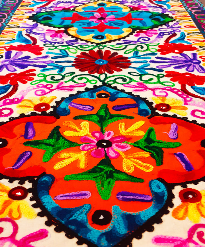 Multicolor bohemian hand embroidery cotton table runner