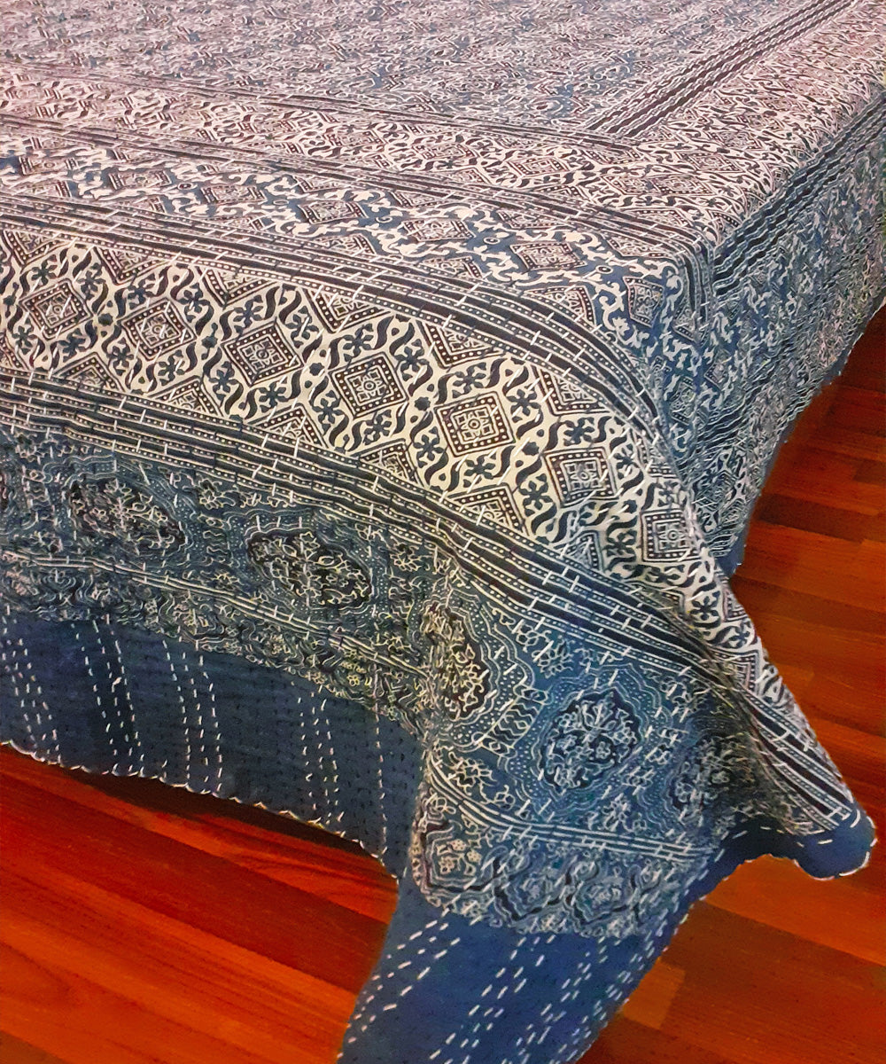 Ajrakh print kantha stitch double layer cotton bedcover (Double Bed)