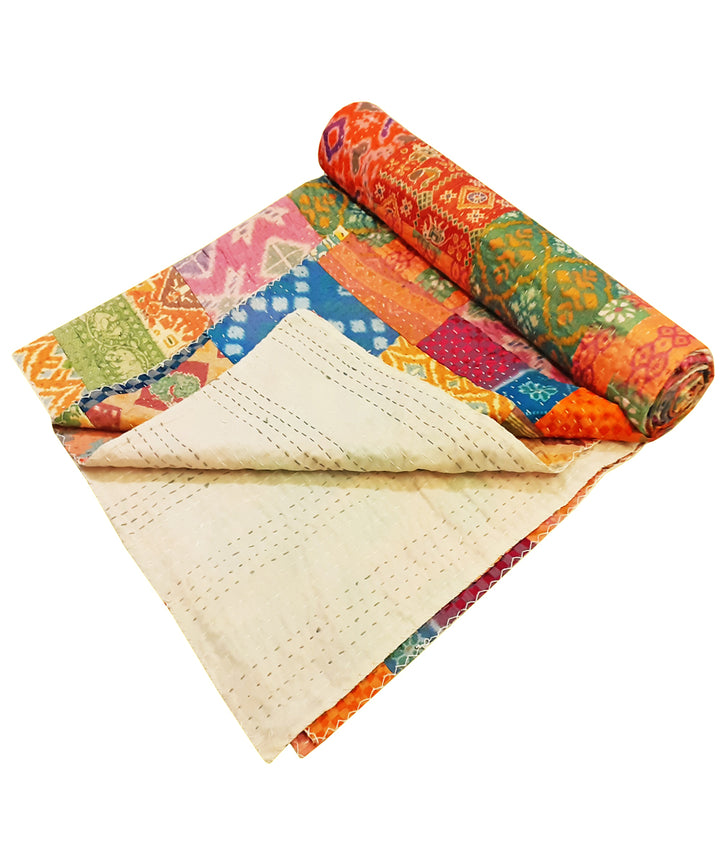 Patchwork hand stitched kantha Patola Silk Bed Cover