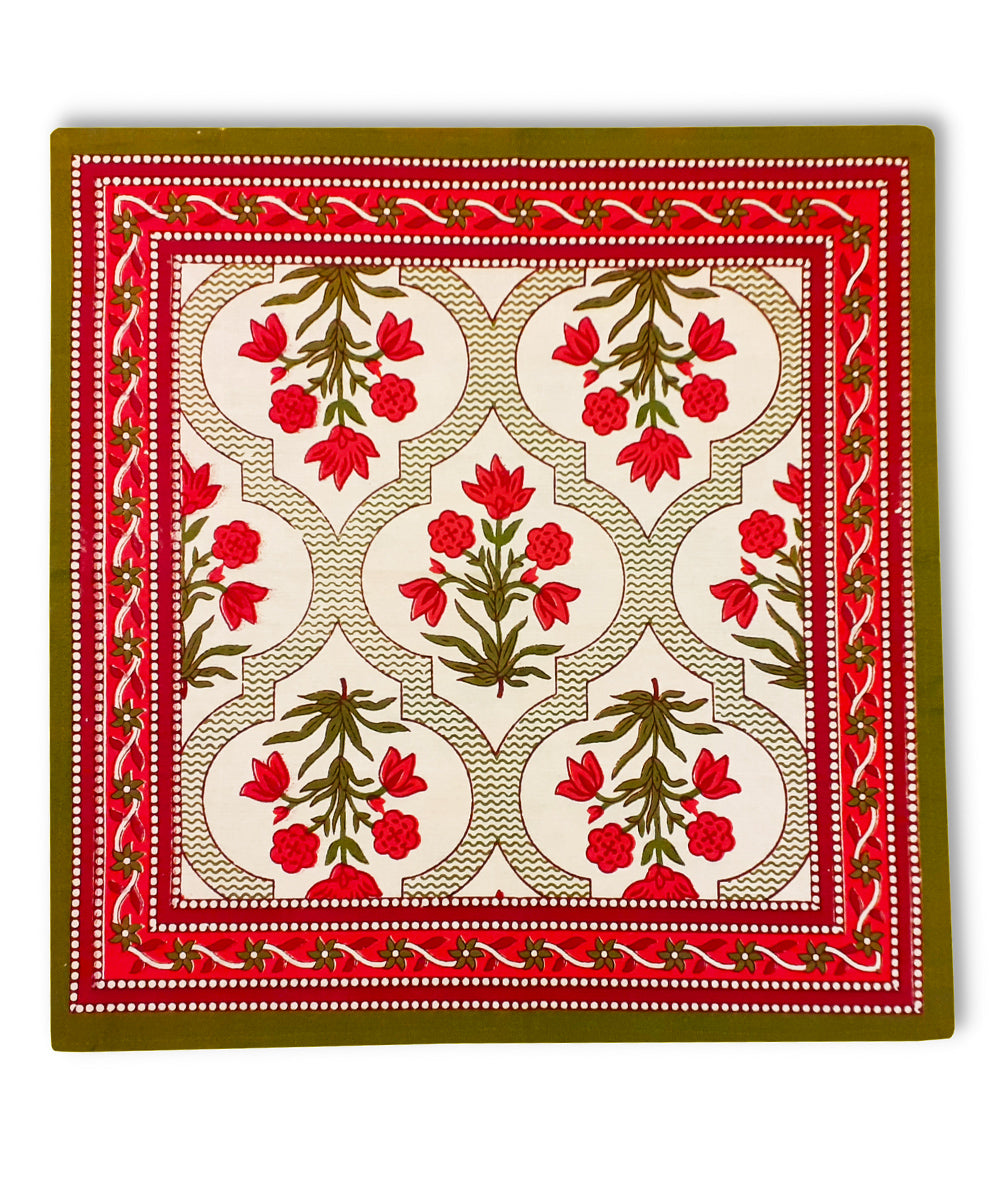 Red hand block printed cotton table mat with napkin (Set of 6)