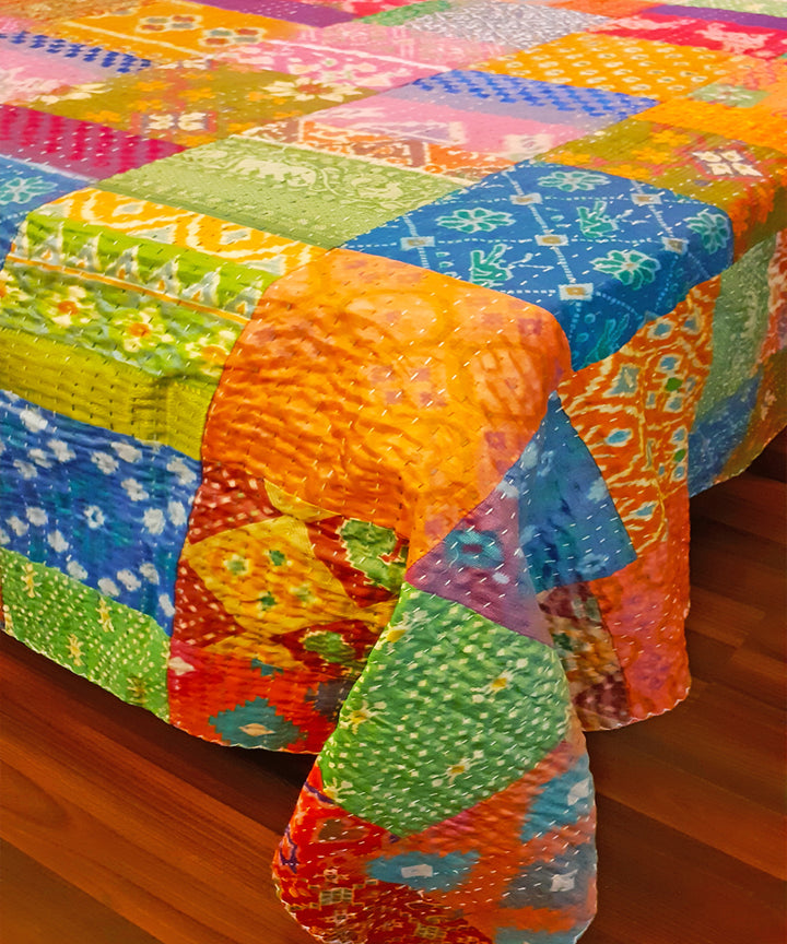 Patchwork hand stitched kantha Patola Silk Bed Cover