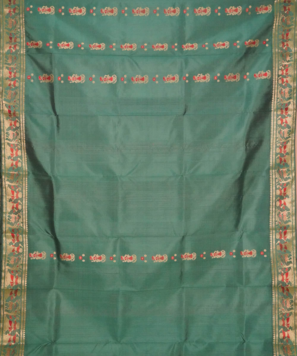 Dark green red handwoven silk baluchari saree