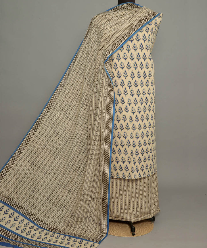 3pc Beige blue hand block print cotton bagru dress material