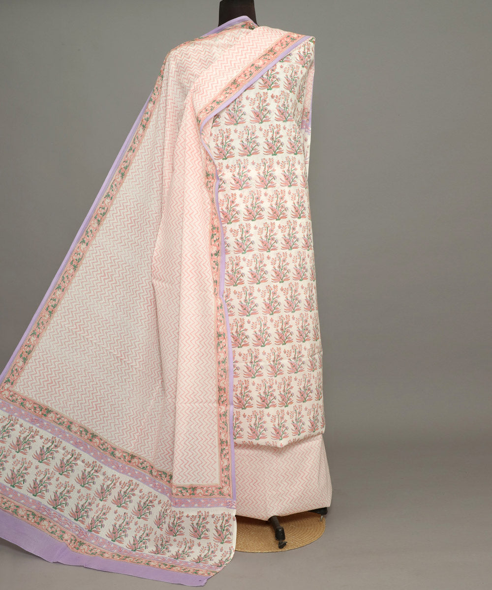 3pc White light pink hand block print cotton bagru dress material