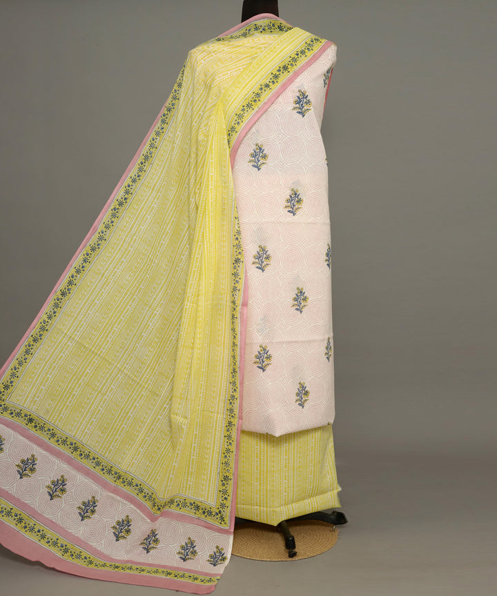 3pc Pink yellow hand block print cotton bagru dress material