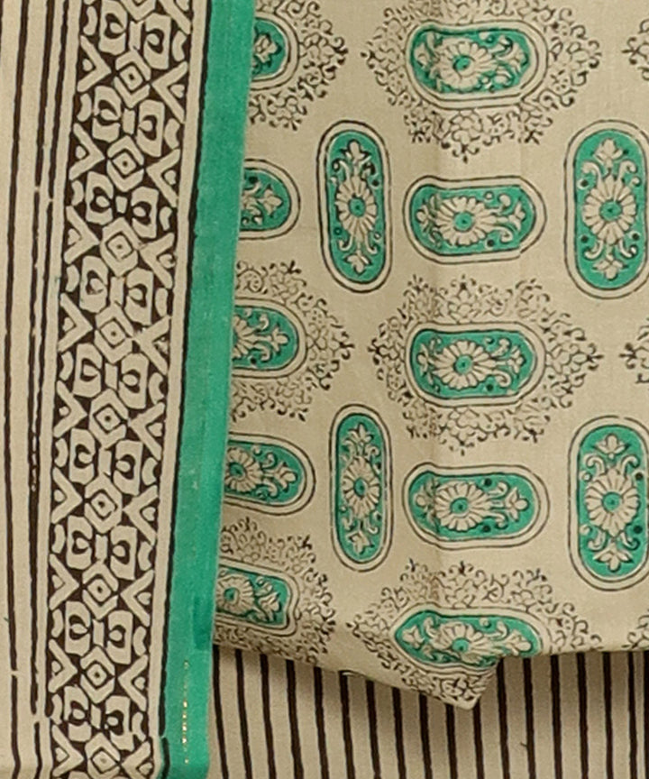 3pc Beige green hand block print cotton bagru dress material
