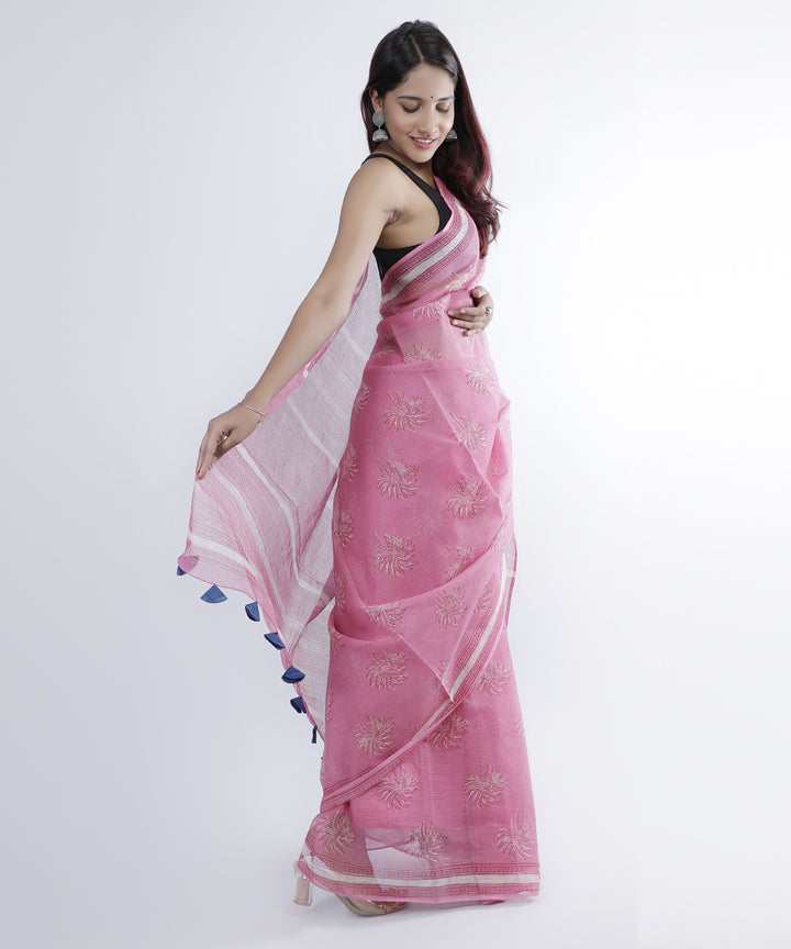 Pink hand printed cotton kota doria saree
