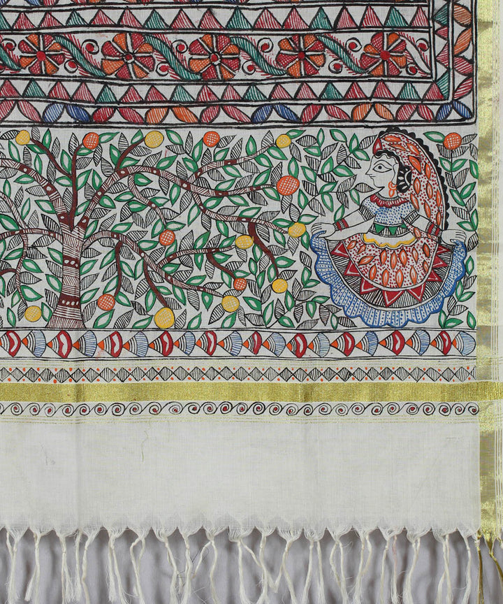 Madhubani handpainted white dupatta with golden border