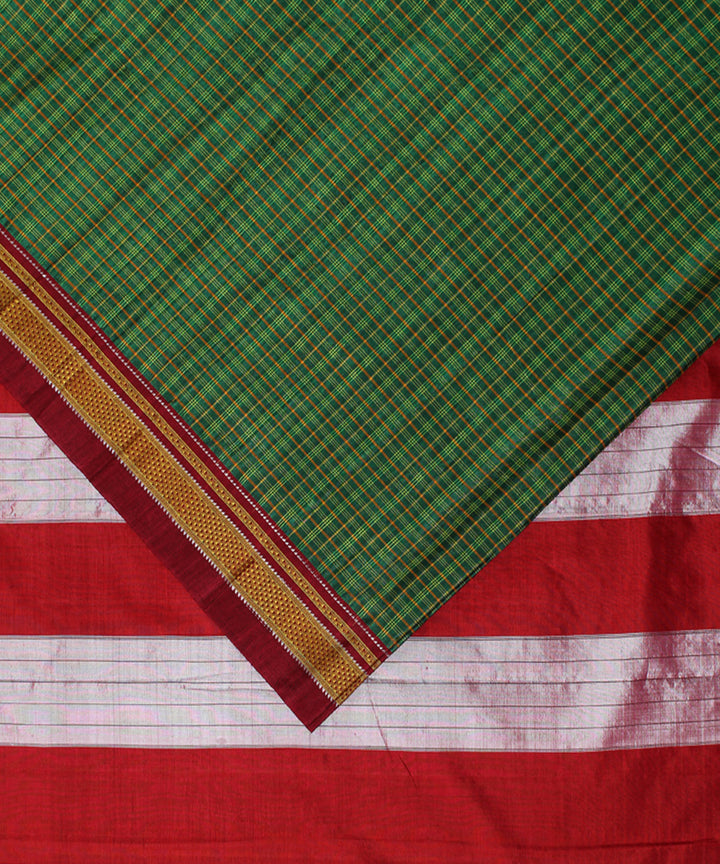 Fern green red handwoven cotton art silk chikki paras ilkal sari