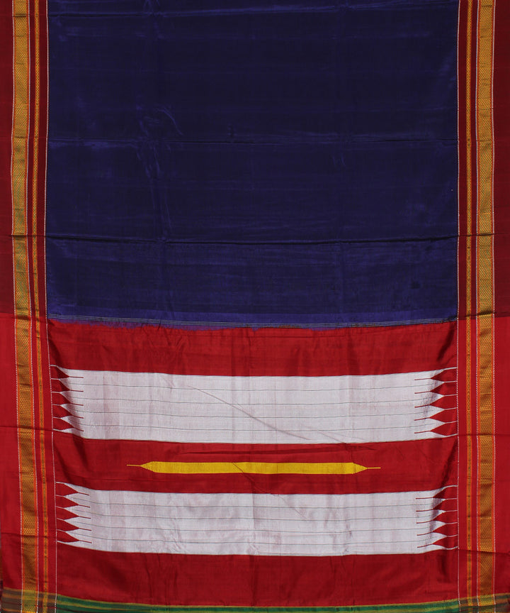 Blue red handwoven cotton art silk chikki paras border ilkal saree