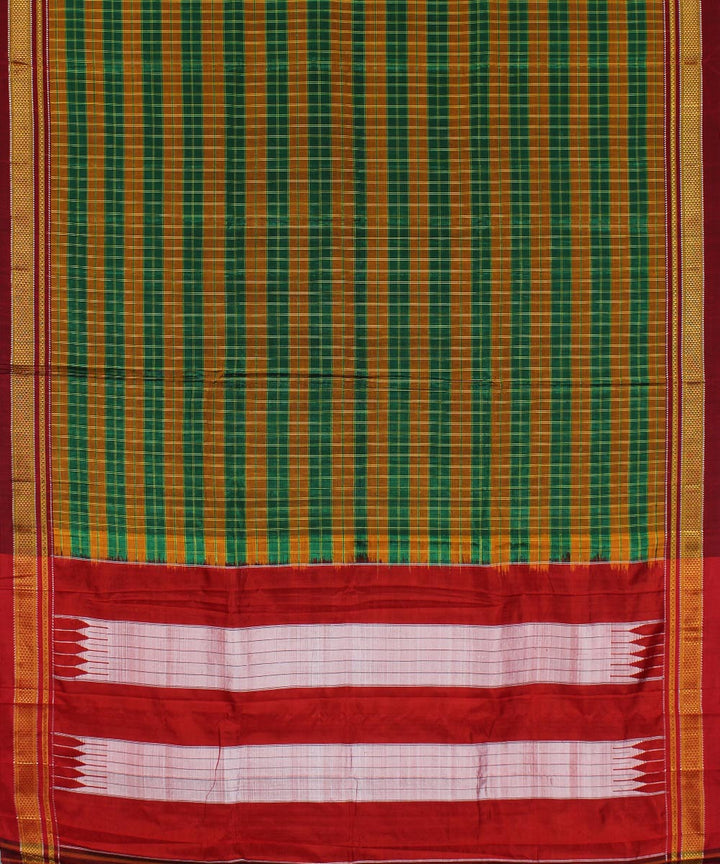 Orange green handwoven cotton art silk chikki paras border ilkal sari