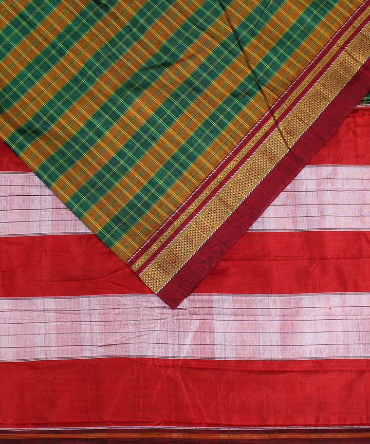 Orange green handloom cotton art silk chikki paras border ilkal sari
