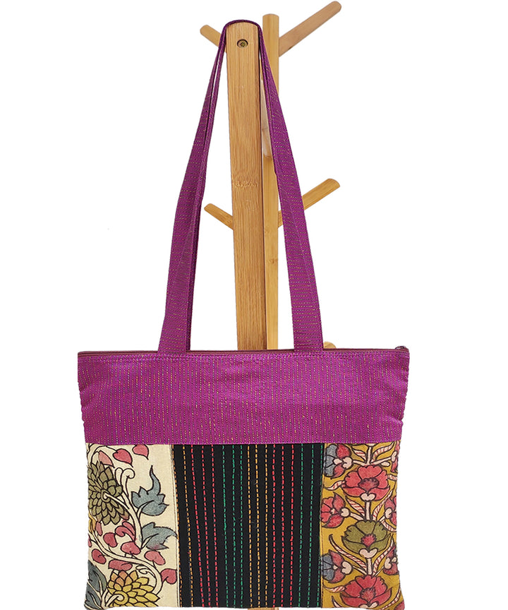 Multicolor handcrafted thread work kalamkari cotton tote bag