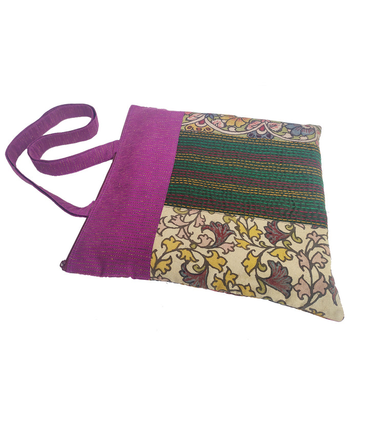 Multicolor handcrafted thread work kalamkari cotton tote bag