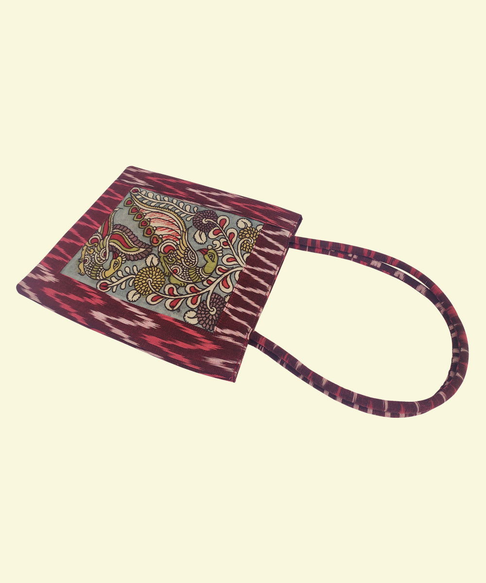Dark red handcrafted kalamkari ikat cotton tote bag
