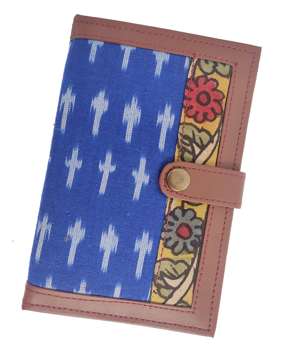 Blue hand crafted art leather cotton ikat kalamkari wallet