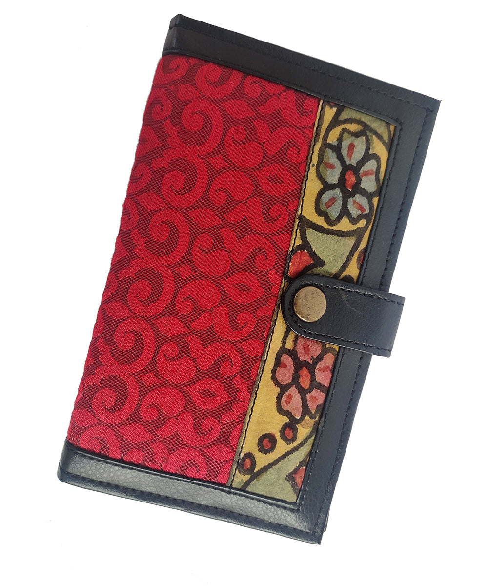 Red handcrafted art leather cotton ikat kalamkari wallet
