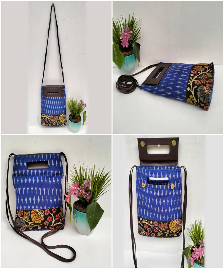 Sky blue ikkat cotton kalamkari handcrafted sling bag