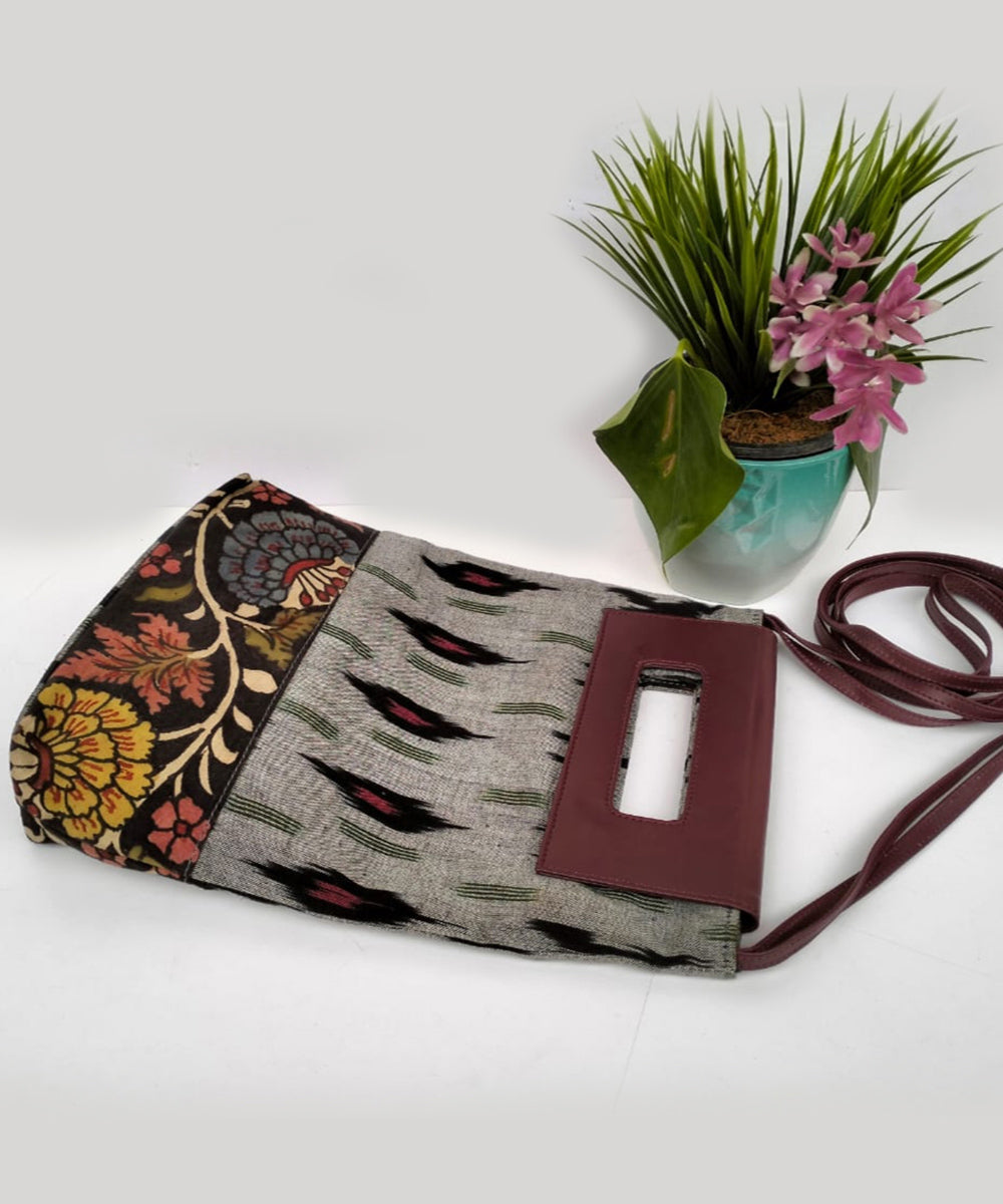 Grey ikkat cotton kalamkari handcrafted sling bag
