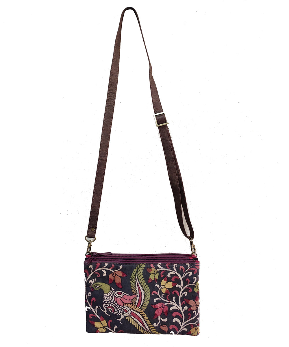 Brown handpainted ghicha silk cotton kalamkari sling bag