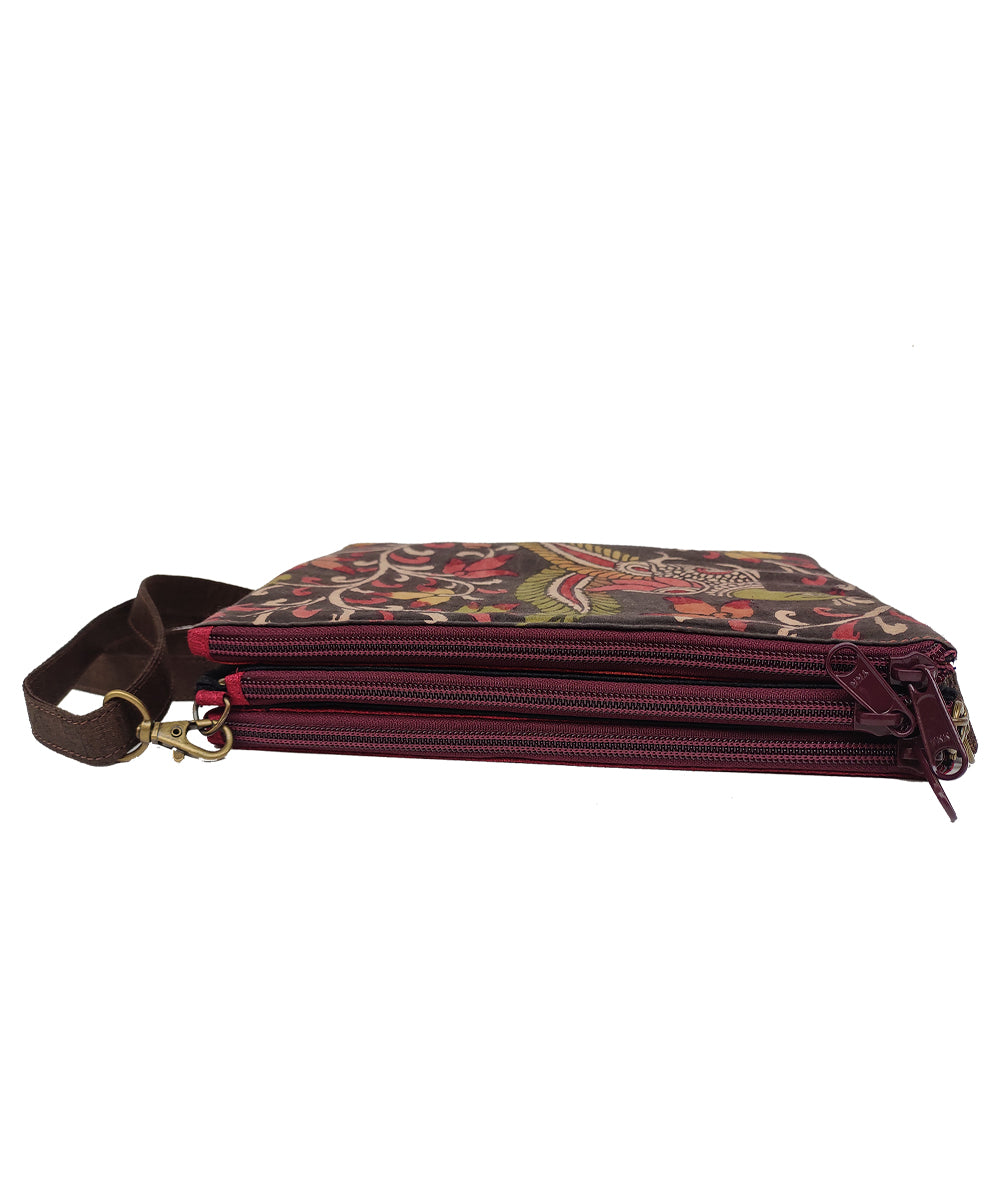 Brown handpainted ghicha silk cotton kalamkari sling bag